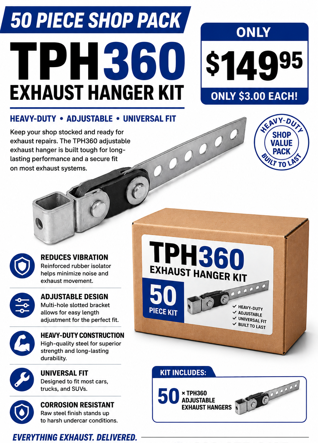 TPH360 Heavy-Duty Adjustable Exhaust Hanger Kit – 50 Piece Shop Pack